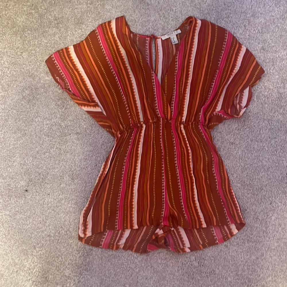 Forever 21 maroon, orange, and pink stripped short sleeve romper